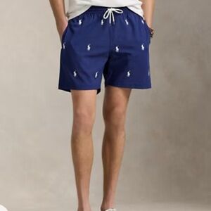 POLO Ralph Lauren Navy Blue Embroidered All-Over Pony Traveler Swim Shorts XXL